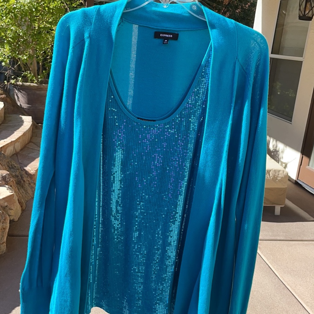 Tank & Sweater Turquoise sequins, size M, dressy or casual top.